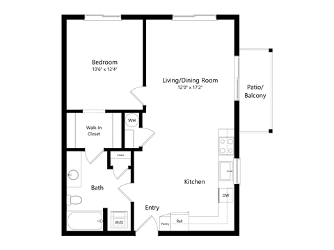 A floor plan of a house with a bedroom, bathroom, kitchen, and living/dining room.